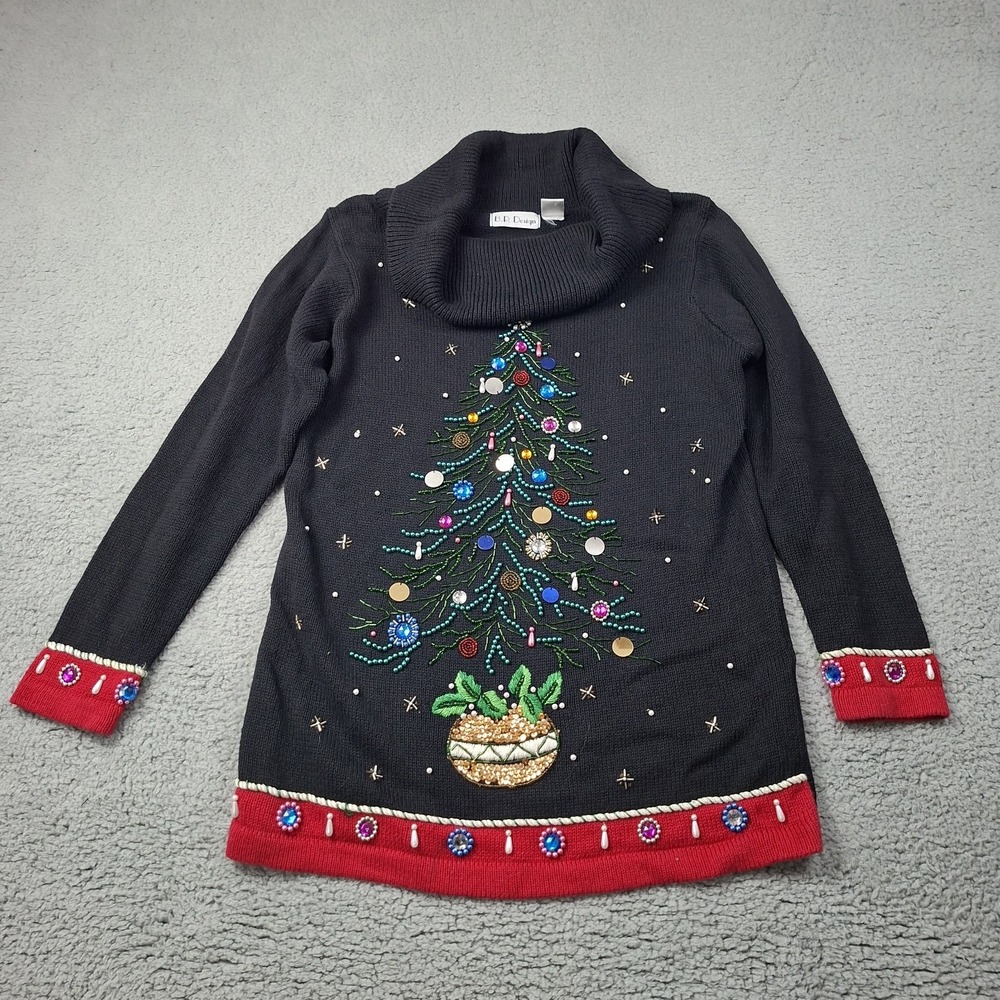 Vtg Hand Beaded Sweater Womens M Christmas Tree Holiday Sequin Knit Oversized